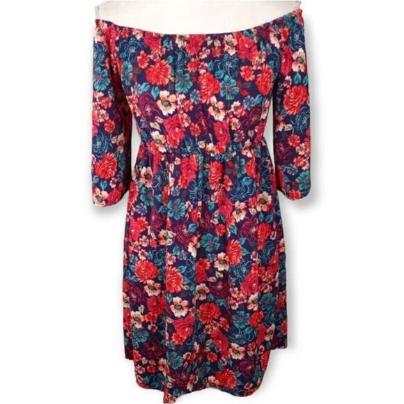RED & TEAL FLORAL OFF-THE-SHOULDER MINI DRESS SZ.M EUC. - Picture 1 of 6